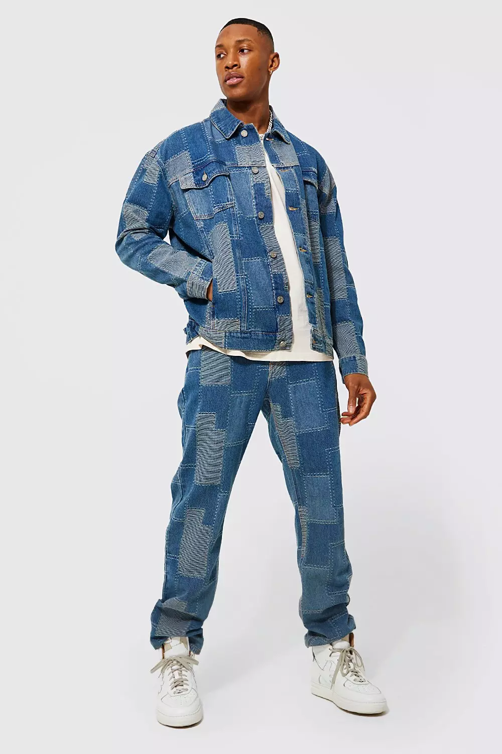 Oversized Patchwork Denim Jacket | boohooMAN USA